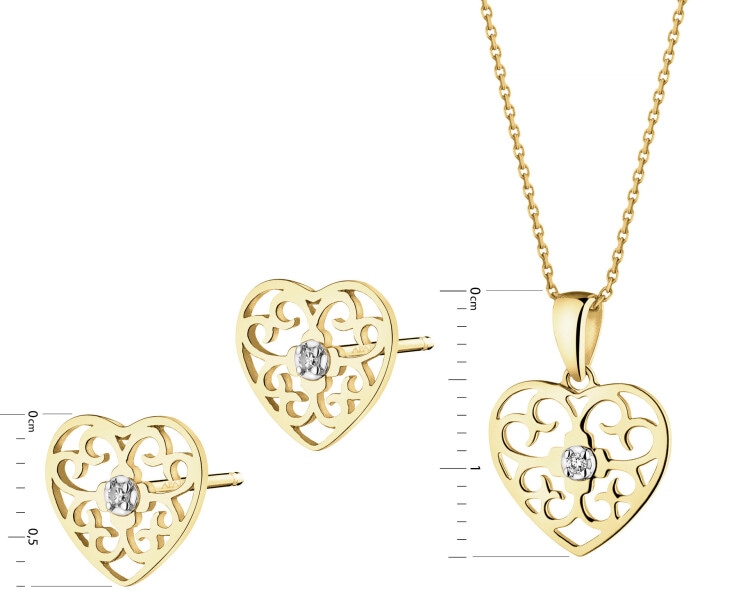 Zawieszka i kolczyki z żółtego złota z diamentami - komplet - serca - 0,01 ct - próba 375