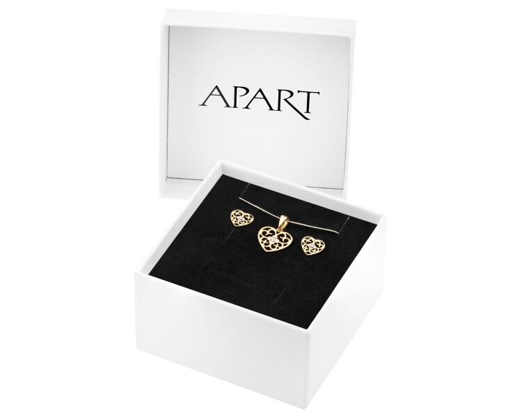 Zawieszka i kolczyki z żółtego złota z diamentami - komplet - serca - 0,01 ct - próba 375