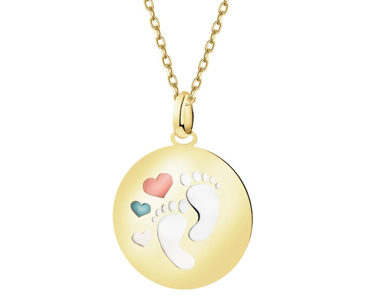 Złota zawieszka z emalią i masą perłową - stópki, serca