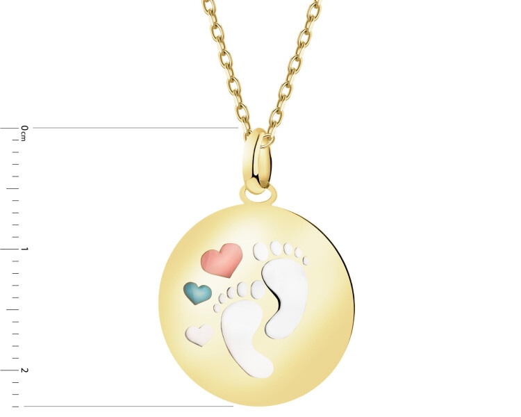 Złota zawieszka z emalią i masą perłową - stópki, serca