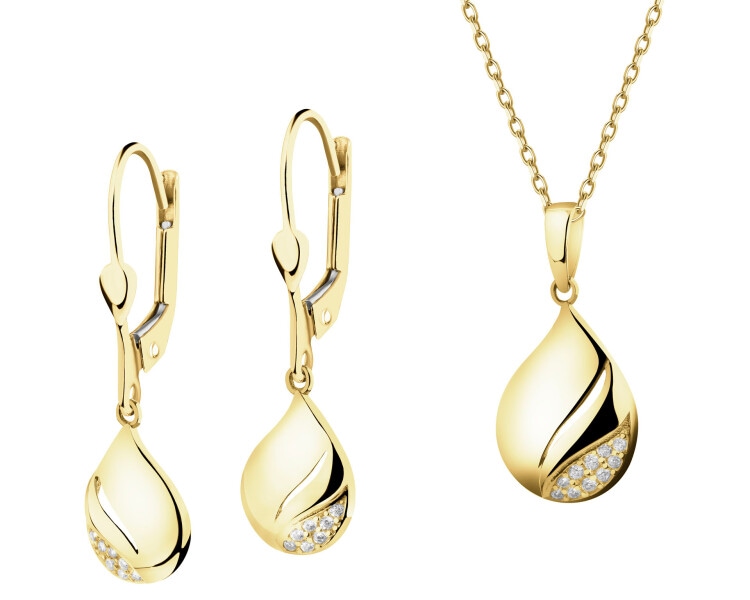 Złote kolczyki i zawieszka z cyrkoniami - komplet - łezki