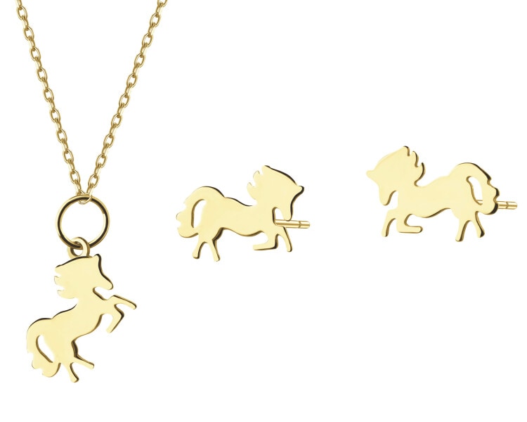 Złote kolczyki i zawieszka - komplet - jednorożce