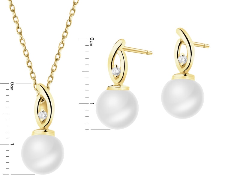 Złote kolczyki i zawieszka z perłami i cyrkoniami - komplet
