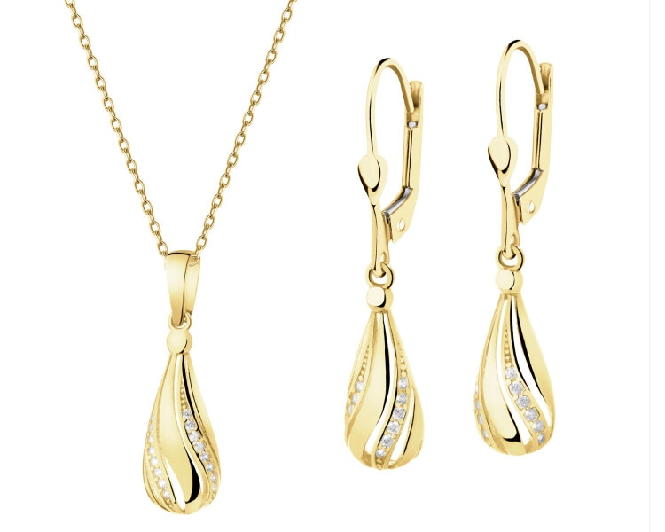 Złote kolczyki i zawieszka z cyrkoniami - komplet - łezki