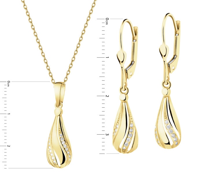 Złote kolczyki i zawieszka z cyrkoniami - komplet - łezki
