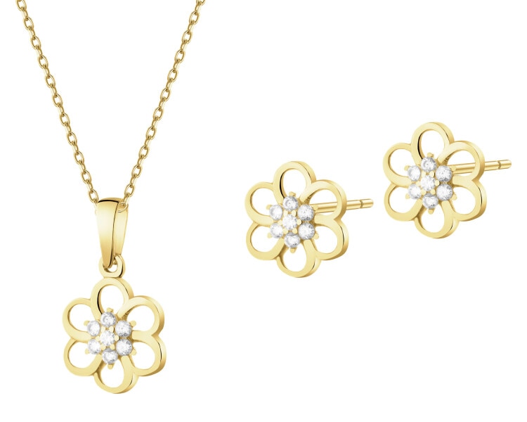 Złote kolczyki i zawieszka z cyrkoniami - komplet - kwiaty
