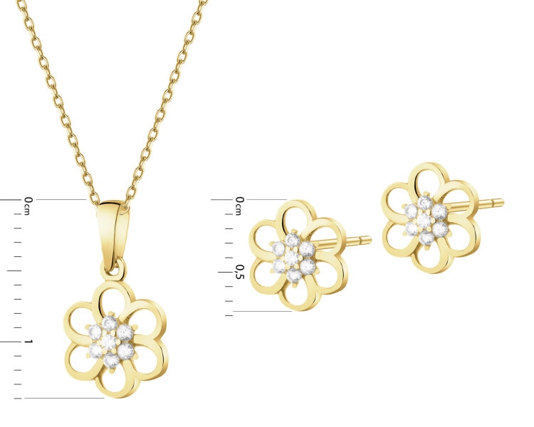 Złote kolczyki i zawieszka z cyrkoniami - komplet - kwiaty
