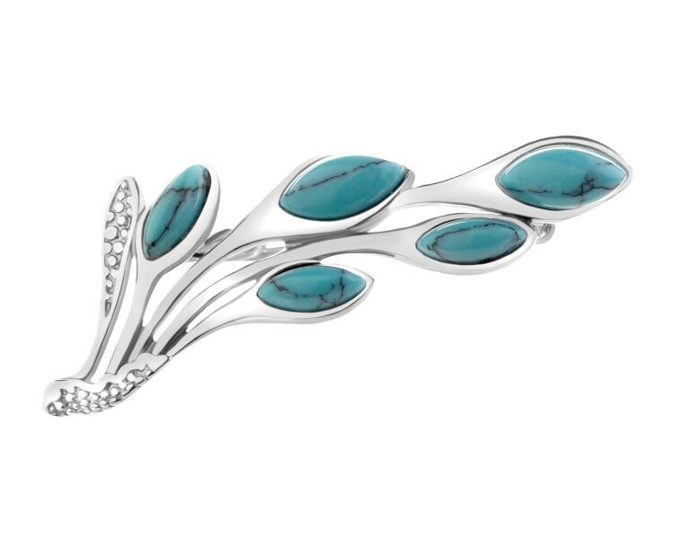 Broszka srebrna z turkusami syntetycznymi - liście