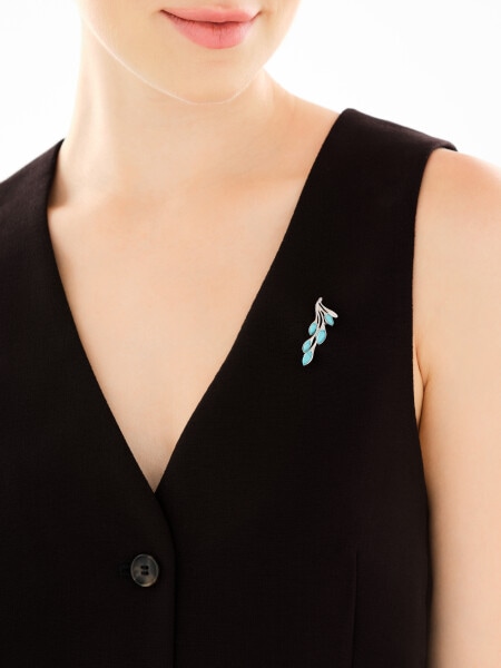 Broszka srebrna z turkusami syntetycznymi - liście