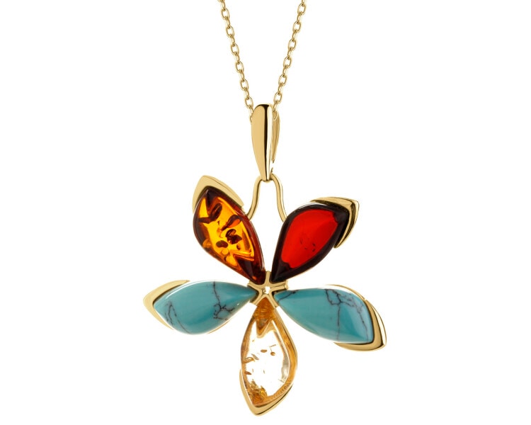 Rhodium Plated Silver Pendant with Amber