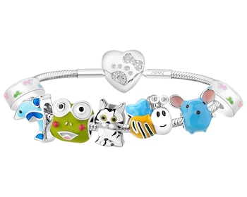 Bransoleta srebrna beads dla dziecka zestaw - delfin, żaba, kot, pszczoła, mysz