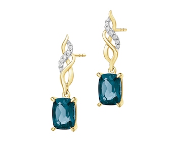 Zlaté náušnice s diamanty a topazy London Blue - ryzost 585