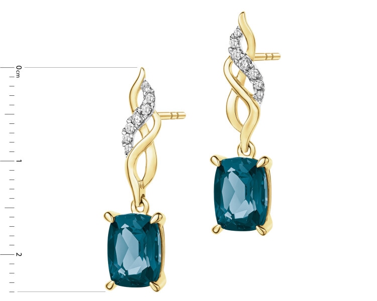 Kolczyki z żółtego złota z diamentami i topazami London Blue - próba 585