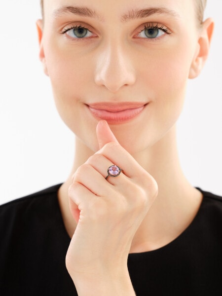 Pierścionek z różowego złota z diamentami i ametystem - próba 585