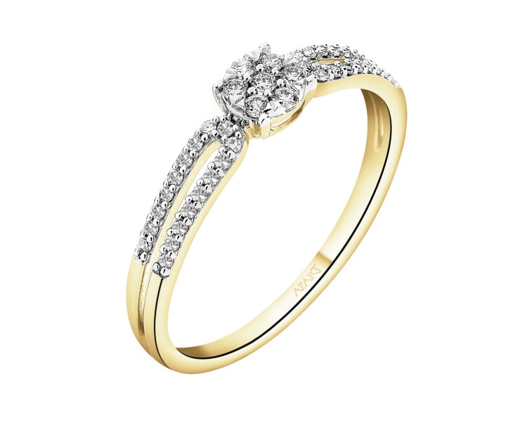 14 K Rhodium-Plated Yellow Gold Ring with Diamonds - 0,15 ct - fineness 14 K