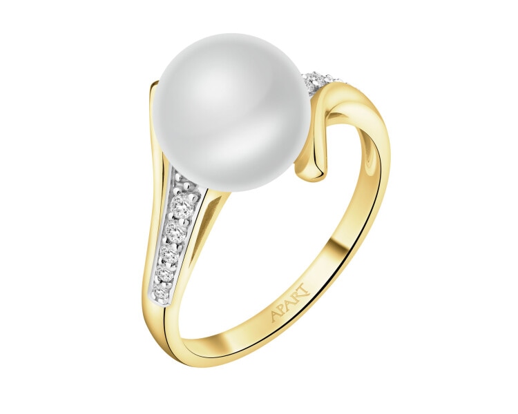 9 K Rhodium-Plated Yellow Gold Ring  - fineness 9 K