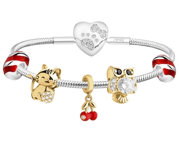 Bransoleta srebrna beads dla dziecka - zestaw - sowa, kot, wisieńki