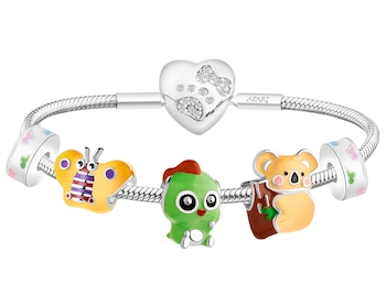 Bransoleta srebrna beads dla dziecka - zestaw - motyl, smok, koala