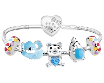 Bransoleta srebrna beads dla dziecka -zestaw - koala, miś, serce, ptak