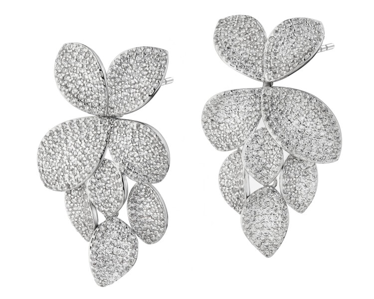 Rhodium-Plated Brass, Rhodium-Plated Silver Earrings with Cubic Zirconia