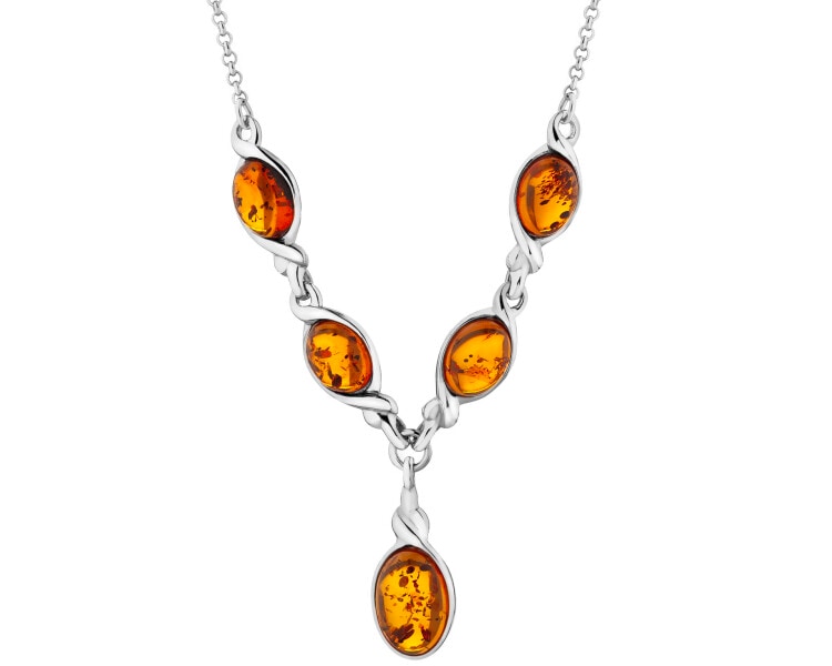 Rhodium Plated Silver Necklace with Amber