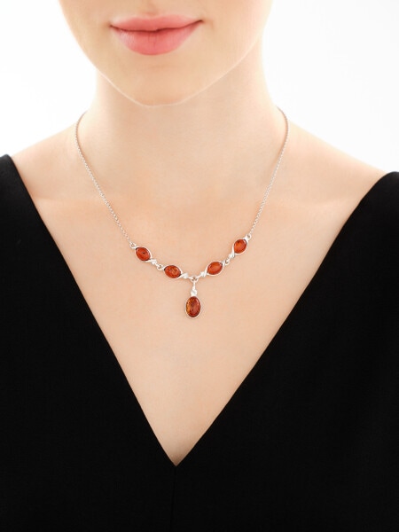 Rhodium Plated Silver Necklace with Amber