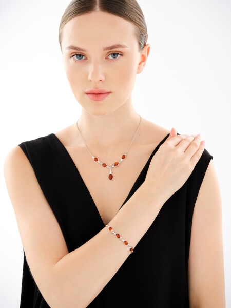 Rhodium Plated Silver Necklace with Amber