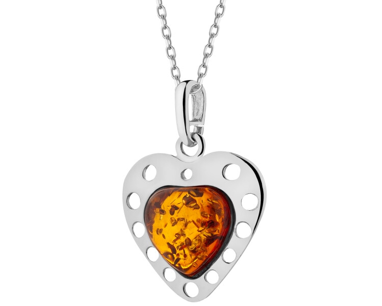 Rhodium Plated Silver Pendant with Amber