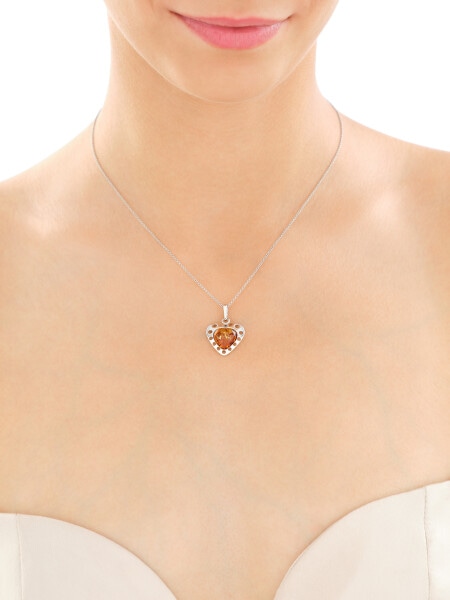 Rhodium Plated Silver Pendant with Amber
