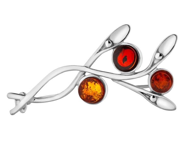 Rhodium Plated Silver Brooch with Amber