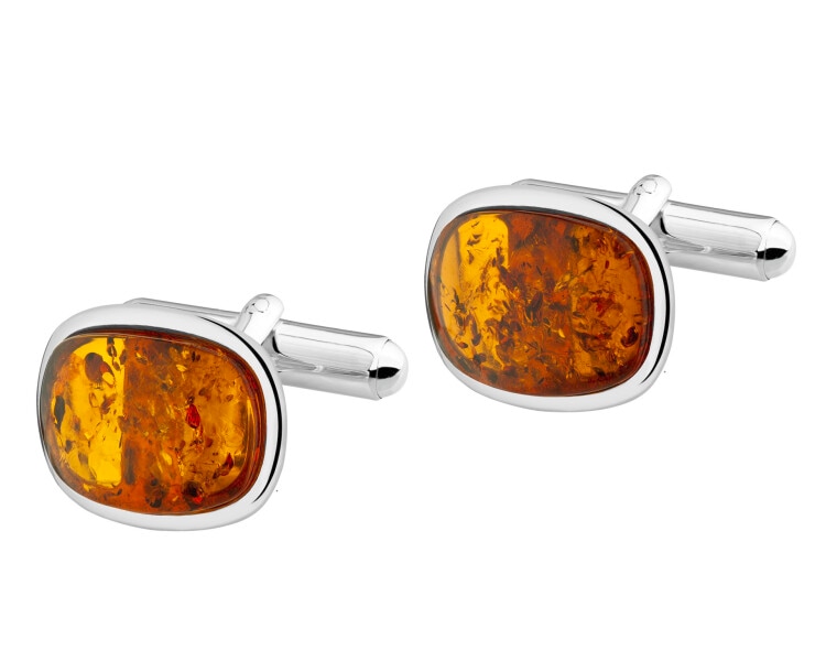 Rhodium Plated Silver Cufflink with Amber