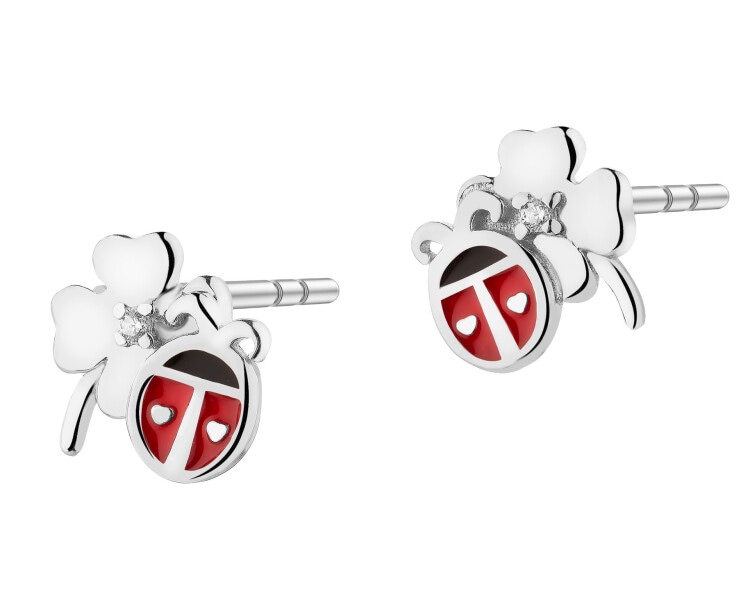 Kolczyki srebrne z cyrkoniami i emalią - biedronka, koniczyna