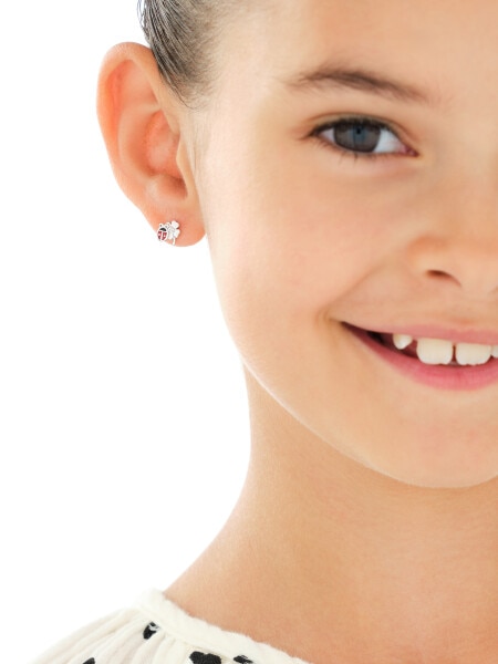 Kolczyki srebrne z cyrkoniami i emalią - biedronka, koniczyna