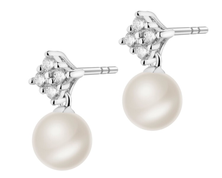 Rhodium Plated Silver Earrings with Pearl