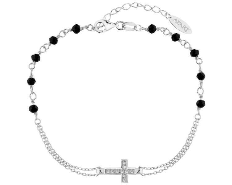 Bransoletka srebrna z cyrkoniami i szlifowanym szkłem - krzyż