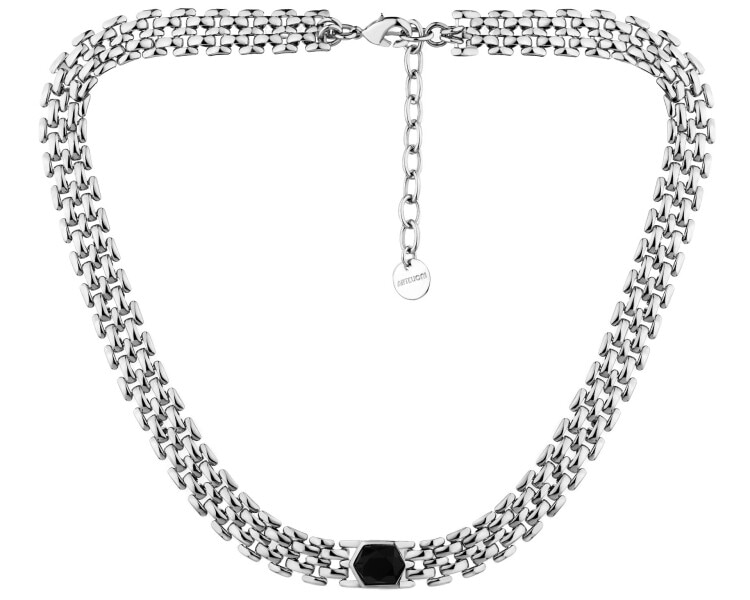 Rhodium-Plated Brass Necklace with Agate