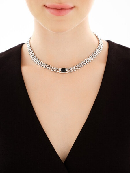 Rhodium-Plated Brass Necklace with Agate