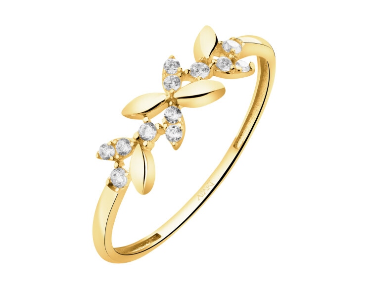 Złoty pierścionek z cyrkoniami - liście