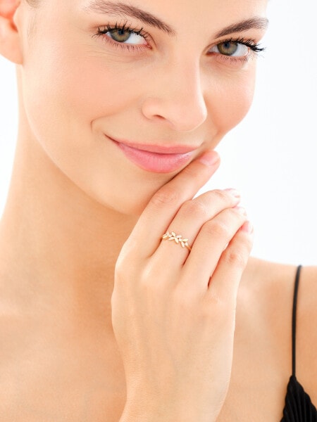 Złoty pierścionek z cyrkoniami - liście