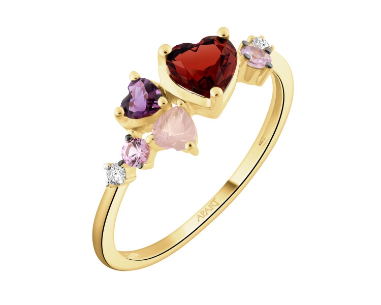 Pierścionek z żółtego złota z diamentami, kamieniami szlachetnymi i ozdobnymi - serca - próba 585