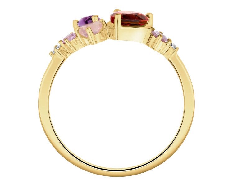 Pierścionek z żółtego złota z diamentami, kamieniami szlachetnymi i ozdobnymi - serca - próba 585