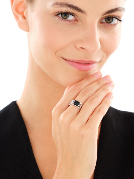 Rhodium-Plated Brass Ring with Agate