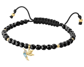 Náramek se zlatými prvky, diamanty, topazem London Blue a acháty - kolibřík - ryzost 585
