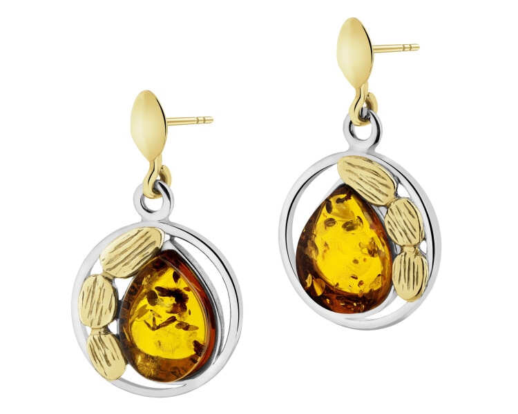 Rhodium-Plated Silver, Gold-Plated Silver Dangling Earring with Amber