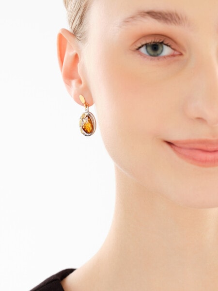 Rhodium-Plated Silver, Gold-Plated Silver Dangling Earring with Amber