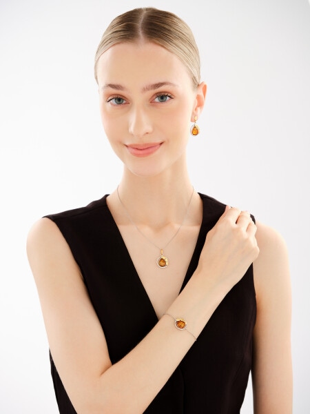 Rhodium-Plated Silver, Gold-Plated Silver Dangling Earring with Amber