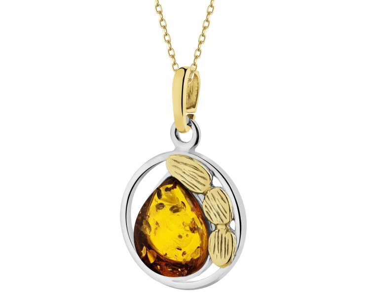 Rhodium-Plated Silver, Gold-Plated Silver Pendant with Amber
