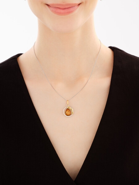 Rhodium-Plated Silver, Gold-Plated Silver Pendant with Amber