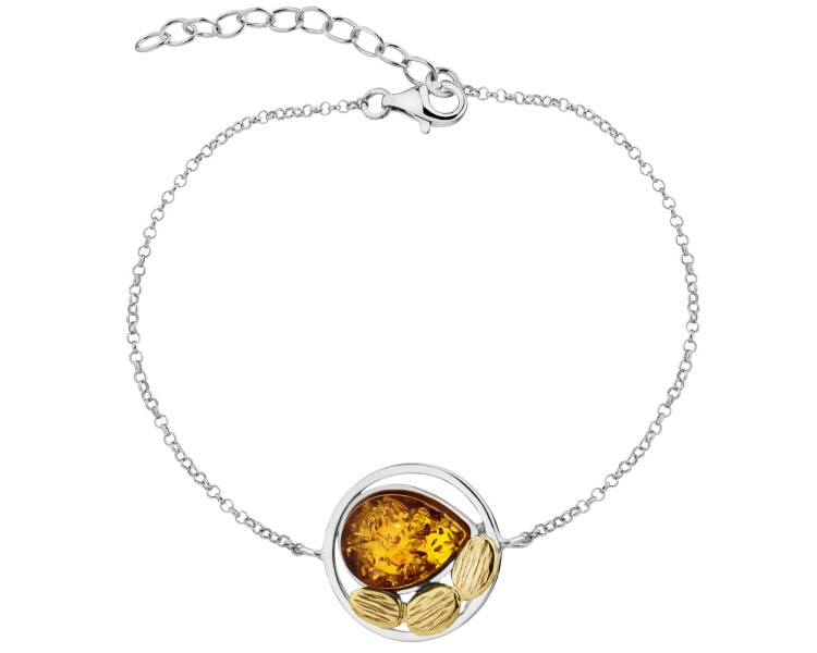 Rhodium-Plated Silver, Gold-Plated Silver Bracelet with Amber