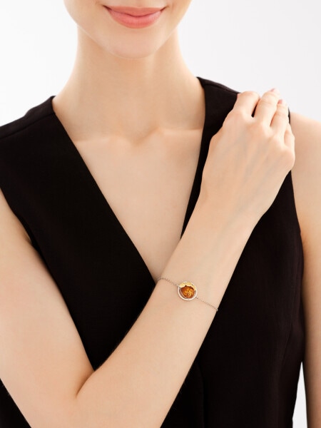 Rhodium-Plated Silver, Gold-Plated Silver Bracelet with Amber